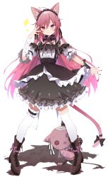Rule 34 | 1girl, animal ears, bandaged arm, bandages, black bow, black nails, black skirt, blouse, boots, bow, brown footwear, cat ears, cat girl, cat tail, center frills, closed mouth, commentary request, detached sleeves, frilled shirt, frilled skirt, frills, full body, gothic lolita, hair between eyes, hand up, heterochromia, highres, indie virtual youtuber, kurono yuzuko, lolita fashion, long hair, looking at viewer, mikeneko (vtuber), mikeneko (vtuber) (1st costume), nail polish, niconico, pink hair, pon-chan (mikeneko), puffy short sleeves, puffy sleeves, purple eyes, red eyes, shirt, short sleeves, skirt, smile, solo, sparkle, standing, stuffed animal, stuffed cat, stuffed toy, tail, tail bow, tail ornament, thighhighs, thighhighs under boots, very long hair, virtual youtuber, white background, white shirt, white sleeves, white thighhighs