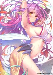 Rule 34 | 1girl, angel wings, armpits, ass, breasts, closed mouth, commentary request, spiked halo, covered erect nipples, crop top, cross, feathered wings, feathers, gloves, gradient hair, halo, hong (white spider), jibril (no game no life), large breasts, long hair, looking at viewer, low wings, magic circle, making-of available, midriff, multicolored eyes, multicolored hair, navel, no game no life, orange eyes, patreon username, pink hair, sideboob, single glove, smile, solo, stomach, symbol-shaped pupils, tattoo, thighs, very long hair, wet, wet clothes, white wings, wing ears, wings, yellow eyes