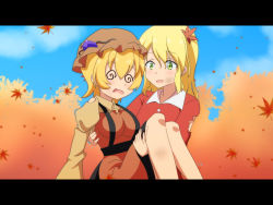 Rule 34 | 2girls, @ @, aki minoriko, aki shizuha, apron, autumn leaves, blonde hair, blush, breasts, bruise, carrying, cato (monocatienus), d:, dirty, dirty face, dress, dress shirt, flat chest, food, food on head, fruit, fruit on head, grapes, green eyes, hair between eyes, hair ornament, hat, injury, juliet sleeves, large breasts, leaf, leaf hair ornament, leaf on head, letterboxed, long hair, long sleeves, multiple girls, nervous smile, object on head, open mouth, princess carry, puffy sleeves, shirt, short hair, siblings, sisters, smile, torn clothes, touhou, wavy mouth