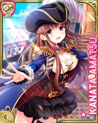 Rule 34 | 1girl, amatsu kanata, belt, black skirt, blue jacket, breasts, brown hair, card, character name, cleavage, day, girlfriend (kari), hat, holster, jacket, jewelry, long hair, ocean, official art, open mouth, outdoors, pirate costume, pirate hat, pirate ship, qp:flapper, red eyes, ring, shirt, skirt, smile, solo, standing, tagme