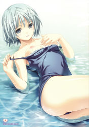 Rule 34 | 1girl, absurdres, bare shoulders, beach, blue eyes, breasts, clothes pull, highres, koutaro, lying, nipples, one-piece swimsuit, one-piece swimsuit pull, original, outdoors, pulled by self, school swimsuit, short hair, silver hair, small breasts, solo, swimsuit, undressing, water