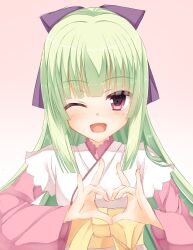 Rule 34 | 1girl, ;d, absurdres, blunt bangs, blunt ends, blush, clip studio paint (medium), commentary, eyes visible through hair, green hair, hair ribbon, hands up, happy, heart, heart hands, highres, hime cut, japanese clothes, kimono, long hair, long sleeves, looking at viewer, makochan42, murasame (senren), official alternate costume, official alternate hairstyle, one eye closed, open mouth, pink background, pink kimono, purple ribbon, red eyes, ribbon, sash, senren banka, sidelocks, simple background, smile, solo, straight-on, straight hair, tsurime, upper body, wide sleeves, yellow sash