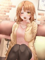 Rule 34 | 1girl, bag, black thighhighs, blush, brown hair, candy, chocolate, chocolate heart, collarbone, couch, food, hand to own mouth, heart, indoors, isshiki iroha, jacket, looking at viewer, medium hair, mouth hold, on couch, one eye closed, open clothes, open jacket, pink sweater, red hayao, shopping bag, sitting, sweater, thighhighs, v-neck, yahari ore no seishun lovecome wa machigatteiru., yellow eyes