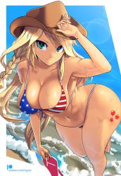 Rule 34 | 1girl, amano cigusa, american flag bikini, applejack, beach, bikini, blonde hair, braid, breasts, cleavage, closed mouth, colored skin, cowboy hat, flag print, green eyes, hat, highres, large breasts, long hair, midriff, my little pony, my little pony: equestria girls, my little pony: friendship is magic, navel, orange skin, outdoors, smile, solo, swimsuit, thick thighs, thighs, wide hips