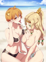 Rule 34 | 2girls, absurdres, animal ears, areola slip, beach, bikini, blonde hair, bracer, breasts, command spell, covered erect nipples, day, disembodied hand, eating, fate/grand order, fate (series), food, fujimura taiga, green eyes, tucking hair, highres, ice cream, jaguarman (fate), kamkac, large breasts, licking, long hair, looking at viewer, multiple girls, navel, open mouth, orange hair, outdoors, pink lips, ponytail, quetzalcoatl (fate), red eyes, sexually suggestive, short hair, sitting, smile, strap slip, swimsuit, tiger ears, tongue, tongue out