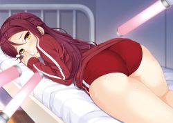 Rule 34 | 1girl, ass, bad id, bad twitter id, bed, blurry, blush, buruma, depth of field, glowstick, gym uniform, highres, hino minato (spec.c), jacket, light stick, long hair, long sleeves, looking at viewer, looking back, love live!, love live! sunshine!!, lying, on stomach, open mouth, penlight (glowstick), red hair, sakurauchi riko, sexually suggestive, sidelocks, sleeves past wrists, solo, spoon, thighs, track jacket, yellow eyes