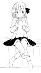 Rule 34 | 1girl, :o, bad id, bad twitter id, bed, fang, flat chest, greyscale, hair ribbon, kazawa (tonzura-d), monochrome, navel, on bed, open clothes, open shirt, panties, panties around ankles, panty pull, ribbon, rumia, shirt, short hair, sitting, skirt, solo, touhou, underwear