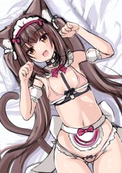 Rule 34 | 1girl, :d, animal ears, apron, black choker, blunt bangs, blush, bow, bra, breasts, brown eyes, brown hair, brown tail, cat choker, cat ears, cat girl, cat tail, chocola (nekopara), choker, commentary, curvy, detached collar, detached sleeves, eyelashes, frilled apron, frills, from above, gluteal fold, groin, hair bow, hair spread out, hands up, head on pillow, highres, long hair, looking at viewer, lying, maid headdress, medium breasts, navel, nekopara, on back, on bed, open mouth, panties, paw pose, pillow, pink bow, pink bra, pink panties, short sleeves, sidelocks, sketch, smile, solo, tail, twintails, underwear, very long hair, waist apron, waitress, white apron, yuzuki yuki (another yuki)
