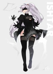 Rule 34 | 1girl, absurdres, alternate costume, artist name, blindfold, boots, cosplay, fire emblem, fire emblem: genealogy of the holy war, gloves, hair ornament, hand up, highres, ishtar (fire emblem), jewelry, long hair, looking at viewer, nier (series), nier:automata, nintendo, open mouth, ponytail, purple eyes, purple hair, simple background, solo, thighhighs, very long hair, watermark, 2b (nier:automata)