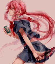 Rule 34 | 1girl, bad id, bad pixiv id, blood, bow, cellphone, gasai yuno, hair bow, holding, holding knife, holding phone, knife, long hair, looking back, mirai nikki, naru (andante), phone, pink hair, red eyes, school uniform, sidelocks, skirt, solo, twintails