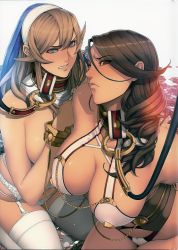 Rule 34 | 10s, 2girls, bdsm, blue eyes, blush, bondage, bound, branwen (queen&#039;s blade), breasts, brown hair, cleavage, clenched teeth, collar, cuffs, female focus, from above, frown, garter belt, habit, highres, lace, lace-trimmed panties, lace trim, large breasts, leash, light brown hair, long hair, multiple girls, oda non, panties, parted lips, queen&#039;s blade, queen&#039;s blade rebellion, queen&#039;s blade vanquished queens, red eyes, rope, scan, sigui (queen&#039;s blade), slave, sweat, teeth, thighhighs, underwear