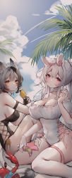 Rule 34 | 2girls, animal ears, arm strap, bare shoulders, black one-piece swimsuit, breasts, choker, cleavage, clothing cutout, covered navel, crab, detached sleeves, facial mark, frilled choker, frilled swimsuit, frills, grey hair, highres, large breasts, long hair, looking at viewer, mole, mole under eye, mr. krabs, multicolored hair, multiple girls, one-piece swimsuit, original, outdoors, patrick star, ponytail, red eyes, shiro albino, side cutout, sitting, skindentation, starfish, swimsuit, tail, thigh strap, thighs, two-tone hair, very long hair, wariza, white hair, white one-piece swimsuit, yellow eyes