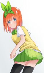 Rule 34 | 1girl, absurdres, airo, alternate costume, arms at sides, black thighhighs, blue eyes, blush, bow, c:, closed mouth, commentary, cowboy shot, eyebrows hidden by hair, eyelashes, from side, go-toubun no hanayome, green bow, green ribbon, green skirt, hair between eyes, hair ribbon, highres, looking at viewer, looking back, medium hair, miniskirt, nakano yotsuba, orange hair, plaid, plaid bow, pleated skirt, ribbon, school uniform, shirt, short sleeves, simple background, skirt, smile, standing, straight hair, sweater vest, thighhighs, white background, white shirt, yellow sweater vest, zettai ryouiki