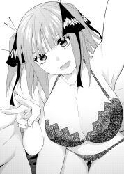 Rule 34 | 1boy, 1girl, absurdres, armpits, bra, breasts, butterfly hair ornament, cleavage, collarbone, go-toubun no hanayome, greyscale, hair ornament, hair ribbon, highres, huge breasts, kosmos beta, lingerie, looking at viewer, medium hair, monochrome, nakano nino, navel, open mouth, panties, ribbon, selfie, smile, stomach, thighs, twintails, two side up, underwear, v, wide hips