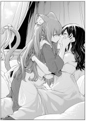 Rule 34 | 2girls, animal ear fluff, animal ears, blush, bow, commentary request, curtains, closed eyes, greyscale, hands on another&#039;s cheeks, hands on another&#039;s face, highres, indoors, monochrome, multiple girls, original, sweatdrop, tail, tail bow, tail ornament, yuri, zanka (the-only-neat)