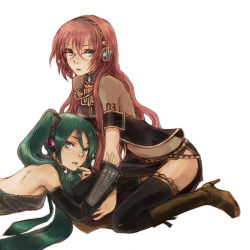 Rule 34 | bad id, bad pixiv id, boots, detached sleeves, glasses, green hair, hatsune miku, kneeling, kno, kno (anahita), long hair, megurine luka, pink hair, thighhighs, twintails, vocaloid