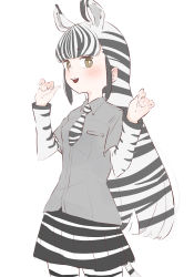 Rule 34 | 1girl, :d, absurdres, animal ear fluff, animal ears, animal print, bad id, bad pixiv id, black hair, blunt bangs, brown eyes, cowboy shot, extra ears, gloves, grey shirt, hands up, highres, kemono friends, kona ming, layered sleeves, long hair, long sleeves, looking at viewer, multicolored hair, necktie, open mouth, pantyhose, plains zebra (kemono friends), print gloves, print necktie, print neckwear, print pantyhose, shirt, short over long sleeves, short sleeves, simple background, skirt, smile, solo, two-tone hair, very long hair, white background, white hair, wing collar, zebra ears, zebra print, zebra tail