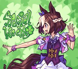 Rule 34 | 1girl, animal ears, bow, braid, brown hair, cbts004, character name, clover, crown braid, ear bow, ear ribbon, four-leaf clover, from side, highres, horse ears, horse girl, horse tail, multicolored hair, open mouth, profile, purple bow, purple eyes, purple shirt, shirt, short hair, short sleeves, smile, solo, special week (umamusume), tail, two-tone hair, umamusume, upper body, white hair