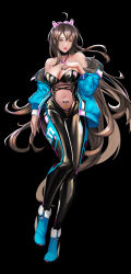 Rule 34 | 1girl, :o, absurdres, ahoge, bare shoulders, black background, black choker, blue jacket, blue nails, bodysuit, breasts, brown eyes, brown hair, choker, cleavage, clothing cutout, copyright request, full body, highres, jacket, lipstick, long hair, looking at viewer, makeup, midriff, nail polish, navel, navel cutout, solo, standing, tattoo, very long hair, weiyou xie