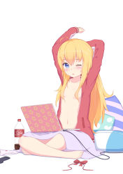 Rule 34 | 1girl, ;o, absurdres, abwan, ahoge, arms up, barefoot, black socks, blanket, blonde hair, blue eyes, blush, bottle, bottomless, bow, bow panties, bowtie, unworn bowtie, breasts, cola, collarbone, commentary request, computer, crossed legs, full body, gabriel dropout, gabriel tenma white, hair between eyes, hair censor, hair over breasts, highres, jacket, laptop, long hair, looking at viewer, naked jacket, navel, on lap, one eye closed, open clothes, open jacket, panties, unworn panties, pillow, pink jacket, red bow, red bowtie, simple background, sitting, small breasts, socks, unworn socks, solo, stretching, teeth, toenails, track jacket, underwear, upper teeth only, very long hair, white background, white panties