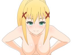 Rule 34 | 10s, 1girl, absurdres, blonde hair, blush, breasts, darkness (konosuba), green eyes, hair ornament, hairclip, hands on own hips, hanging breasts, highres, kono subarashii sekai ni shukufuku wo!, large breasts, leaning forward, long hair, navel, nude, out-of-frame censoring, poa mellhen, ponytail, simple background, solo, standing, upper body, white background