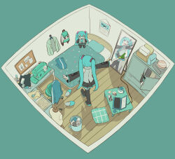 Rule 34 | 1girl, absurdres, aqua hair, avogado6, backpack, bag, bed, bed sheet, bedroom, black footwear, black skirt, black sleeves, boots, calendar (object), chair, character doll, commentary, computer, cosplay, desk, detached sleeves, floorplan, full-length mirror, grey shirt, hatsune miku, hatsune miku (cosplay), highres, holding, indoors, laptop, looking at mirror, looking at self, mannequin, mirror, mouse (computer), pillow, pleated skirt, scissors, sewing machine, shirt, skirt, sleeveless, sleeveless shirt, slippers, solo, spring onion, standing, t-pose, tape measure, thigh boots, trash can, twintails, vocaloid, wooden floor