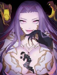 Rule 34 | 1boy, 1girl, bad id, bad twitter id, bare shoulders, black hair, breasts, claws, cleavage, closed eyes, fate/grand order, fate (series), fujimaru ritsuka (male), fujimaru ritsuka (male) (polar chaldea uniform), giant, giantess, gloves, gorgon (fate), gorgon (third ascension) (fate), highres, kyou (ningiou), large breasts, long hair, looking at viewer, medusa (fate), medusa (rider) (fate), monster girl, open mouth, pink eyes, polar chaldea uniform, purple eyes, purple hair, rider, scales, smile, snake hair