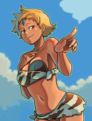 Rule 34 | 00s, 1girl, bandeau, bikini, blonde hair, bowieknife, cloud, day, earrings, fingernails, jewelry, long fingernails, looking at viewer, maya bryce, my-otome, navel, pointing, red eyes, sarong, short hair, skindentation, sky, smile, solo, swimsuit