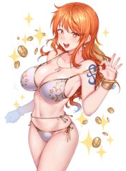 Rule 34 | + +, 1girl, absurdres, bikini, bikini pull, blush, breasts, cleavage, clothes pull, coin, collarbone, highres, jewelry, large breasts, long hair, looking at viewer, nami (one piece), navel, necklace, one piece, open mouth, orange eyes, orange hair, side-tie bikini bottom, smile, solo, sparkle, star (symbol), star print, swimsuit, tattoo, white bikini, yakimi 27