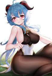 Rule 34 | 1girl, ahoge, bell, black bodysuit, blue hair, blush, bodysuit, breasts, covered navel, cowbell, ganyu (genshin impact), genshin impact, goat horns, grass, hair between eyes, highres, horns, large breasts, long hair, looking at viewer, pantyhose, picter, red eyes, simple background, sleeveless, sleeveless bodysuit, solo, thighs, white background