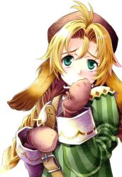 Rule 34 | 1girl, ahoge, animal ears, belt, blonde hair, blush, braid, female focus, gloves, green eyes, hat, mariel (wild arms), official art, ooba wakako, scan, shy, solo, twintails, white background, wild arms, wild arms 1