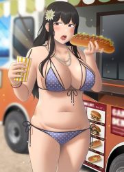 Rule 34 | 1girl, bikini, black hair, bracelet, breasts, cleavage, eating, flower, hair flower, hair ornament, highres, hot dog, jewelry, large breasts, long hair, mole, mole on breast, mole under mouth, necklace, pearl necklace, plump, polka dot, polka dot bikini, ryokucha michi, side-tie bikini bottom, solo, swimsuit