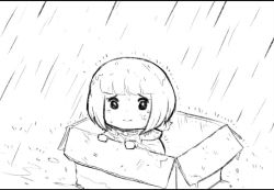 Rule 34 | 1girl, adepta sororitas, blunt bangs, bob cut, box, cardboard box, chibi, commentary, english commentary, for adoption, greyscale, in box, in container, lutherniel, monochrome, rain, sad, short hair, solo, warhammer 40k, wet