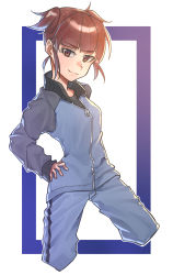 Rule 34 | 10s, 1girl, bad id, bad pixiv id, black shirt, blue bow, blue jacket, blue pants, bow, commentary request, cowboy shot, cropped legs, doyagao, girls und panzer, hand on own hip, head tilt, highres, jacket, keizoku military uniform, long sleeves, looking at viewer, mikko (girls und panzer), military, military uniform, pants, pants rolled up, raglan sleeves, red eyes, red hair, roivas, shirt, short hair, short twintails, single vertical stripe, smirk, smug, solo, standing, track jacket, track pants, twintails, uniform, zipper, zipper pull tab