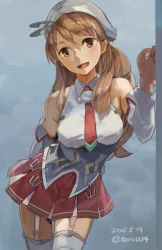 Rule 34 | 10s, 1girl, 2015, :d, bare shoulders, breasts, brown eyes, brown hair, corset, dated, detached sleeves, female focus, garter straps, hair down, kantai collection, large breasts, littorio (kancolle), long hair, long sleeves, maid headdress, miniskirt, necktie, open mouth, skirt, smile, solo, thighhighs, toro (konirio), twitter username, zettai ryouiki