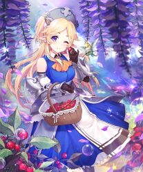 Rule 34 | 1girl, armor, armored boots, basket, berry, black gloves, blonde hair, blue dress, blush, boots, breasts, bubble, day, dress, earrings, elf, falling leaves, feet out of frame, flower, foliage, food, forest, gauntlets, gloves, headgear, holding, holding basket, holding food, jewelry, leaf, long hair, looking at viewer, medium breasts, mushroom, nature, official art, one eye closed, outdoors, parted bangs, pinafore dress, pointy ears, princess connect!, purple eyes, purple flower, rwael, shadowverse, sidelocks, sleeveless, sleeveless dress, smile, solo, standing, tree, wing collar, yukari (princess connect!)