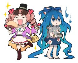 Rule 34 | 2girls, absurdly long hair, black hat, blue fire, blue hair, bow, bracelet, brown hair, chibi, drill hair, earrings, eyewear on head, fire, hair between eyes, hair ribbon, hat, hat bow, hat ribbon, hood, hoodie, jewelry, kasugai (de-tteiu), long hair, multiple girls, no nose, ofuda, open mouth, red ribbon, ribbon, ring, shaded face, short sleeves, siblings, sisters, sparkle, sunglasses, top hat, touhou, twin drills, very long hair, white bow, white ribbon, yorigami jo&#039;on, yorigami shion