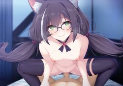 Rule 34 | 1boy, 1girl, animal ear fluff, animal ears, bed, bed sheet, black hair, blush, bow, breasts, cat ears, cat girl, censored, collarbone, cowgirl position, girl on top, glasses, green eyes, hair between eyes, happy sex, hetero, horosuke, karyl (princess connect!), long hair, looking at viewer, navel, nipples, nude, penis, pov, princess connect!, pussy, pussy juice, sex, small breasts, smile, straddling, sweat, thigh strap, thighhighs, twintails, vaginal, very long hair