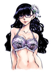 Rule 34 | 1girl, black hair, bra, breasts, collarbone, flower, glasses, hair flower, hair ornament, lace, lace-trimmed bra, lace trim, large breasts, lingerie, looking at viewer, mole, mole on breast, navel, original, purple eyes, simple background, smile, solo, takanashi ringo, underwear, white background