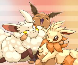 Rule 34 | :3, animal focus, artist name, bright pupils, brown eyes, closed eyes, closed mouth, commentary, creatures (company), cremis, crossover, eevee, english commentary, fang, full body, game freak, gawekzelbla, gen 1 pokemon, gradient background, group hug, happy, heart-shaped nose, hoya (petanium), hug, looking at viewer, neck fur, nintendo, no humans, one eye closed, open mouth, orange eyes, pal (creature), palworld, petanium, pokemon, pokemon (creature), smile, striped background, tongue, white pupils