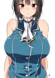 Rule 34 | 10s, 1girl, adapted costume, alternate costume, bare shoulders, black hair, blue shirt, blush, breasts, buttons, highres, kantai collection, large breasts, looking at viewer, neckerchief, parted lips, red eyes, shirt, short hair, simple background, solo, takao (kancolle), tatusinomu, white background, white neckerchief