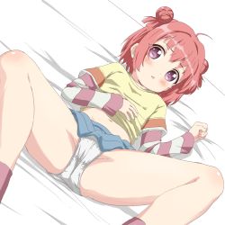 Rule 34 | 1girl, ahoge, akaza akari, bed, blush, breasts, cameltoe, crotch, double bun, groin, highres, looking at viewer, lying, midriff, navel, on back, open mouth, panties, purple eyes, red hair, sincos, skirt, small breasts, solo, spread legs, thighs, underwear, white panties, yuru yuri