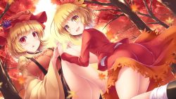 Rule 34 | 2girls, :d, :o, aki minoriko, aki shizuha, autumn, autumn leaves, blonde hair, breasts, commentary request, dutch angle, food, forest, fruit, grapes, hair ornament, hat, highres, interlocked fingers, jacket, large breasts, leaf hair ornament, long sleeves, looking at viewer, lzh, mob cap, multiple girls, nature, open mouth, red eyes, red headwear, red jacket, red skirt, shirt, short hair, siblings, sisters, sitting, skirt, skirt set, smile, touhou, tree, white shirt, yellow eyes