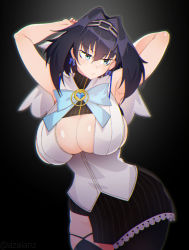 Rule 34 | 1girl, absurdres, armpits, arms behind head, black background, black hair, blue eyes, bow, bow earrings, breasts, chain, closed mouth, clothing cutout, earrings, hair between eyes, hair intakes, highres, hololive, hololive english, jewelry, large breasts, looking to the side, ouro kronii, ouro kronii (1st costume), short hair, simple background, solo, tilt-shift (azalanz), underboob, underboob cutout, virtual youtuber