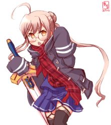 Rule 34 | 1girl, ahoge, alternate costume, artoria pendragon (fate), black thighhighs, chestnut mouth, coat, commentary request, cosplay, dated, excalibur (fate/stay night), fate/grand order, fate (series), garter straps, glasses, highres, holding, holding sword, holding weapon, kanon (kurogane knights), kantai collection, long hair, looking at viewer, low twintails, makigumo (kancolle), mysterious heroine x alter (fate), mysterious heroine x alter (fate) (cosplay), mysterious heroine x alter (first ascension) (fate), pink eyes, pleated skirt, scarf, school uniform, serafuku, simple background, sketch, skirt, sleeves past wrists, solo, sword, thighhighs, twintails, weapon, white background, winter clothes, winter coat, yellow eyes