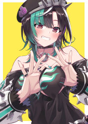 absurdres beret black_choker black_hair black_hat black_shirt blush border breasts choker closed_mouth earrings green_hair green_nails hat heart heart_hands highres hololive hololive_dev_is jewelry large_breasts looking_at_viewer medium_hair multicolored_hair nail_polish ooike_teru open_mouth red_eyes rindo_chihaya ring shirt smile solo streaked_hair white_border white_hair yellow_background