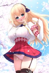 Rule 34 | 1girl, absurdres, alternate breast size, anchor symbol, azur lane, balut (7676i), blonde hair, blue eyes, breasts, brown thighhighs, cameltoe, capelet, cup, elbow gloves, from below, gloves, high-waist skirt, highres, holding, holding cup, large breasts, leander (azur lane), long hair, looking at viewer, looking down, miniskirt, open mouth, outdoors, panties, pantyshot, petals, pink panties, pleated skirt, red skirt, retrofit (azur lane), skirt, solo, tea, thighhighs, underwear