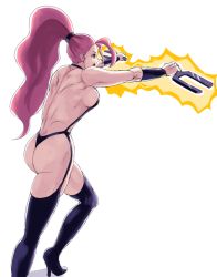 Rule 34 | 1girl, 78 (tky8), ass, back, bare back, bare shoulders, bikini, boots, breasts, capcom, captain commando, carol (captain commando), cleavage, fork, hairband, high heels, holding, holding fork, holding weapon, large breasts, long hair, muscular, muscular female, open mouth, pink eyes, pink hair, ponytail, shadow, sideboob, simple background, solo, standing, swimsuit, thigh boots, weapon, white background