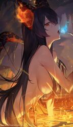 Rule 34 | 1girl, absurdres, animal ears, black hair, blue fire, breasts, completely nude, copyright request, fire, from side, hair over breasts, highres, lips, long hair, looking at viewer, medium breasts, mole, mole under eye, lava, monosucre, nude, open mouth, partially submerged, red eyes, solo, tail, teeth, upper teeth only, virtual youtuber