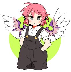 Rule 34 | 1girl, alternate costume, animal ears, bird ears, bird wings, black overalls, blush, closed mouth, collared shirt, cropped legs, earrings, grey eyes, ini (inunabe00), jewelry, mystia lorelei, overalls, pink hair, shirt, short hair, short sleeves, single earring, solo, touhou, white shirt, white wings, wings